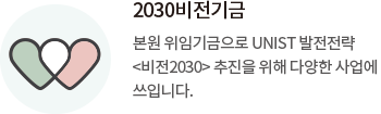 2030비전기금 본원 위임기금으로 UNIST 발전전략 <비전2030> 추진을 위해 다양한 사업에 쓰입니다.